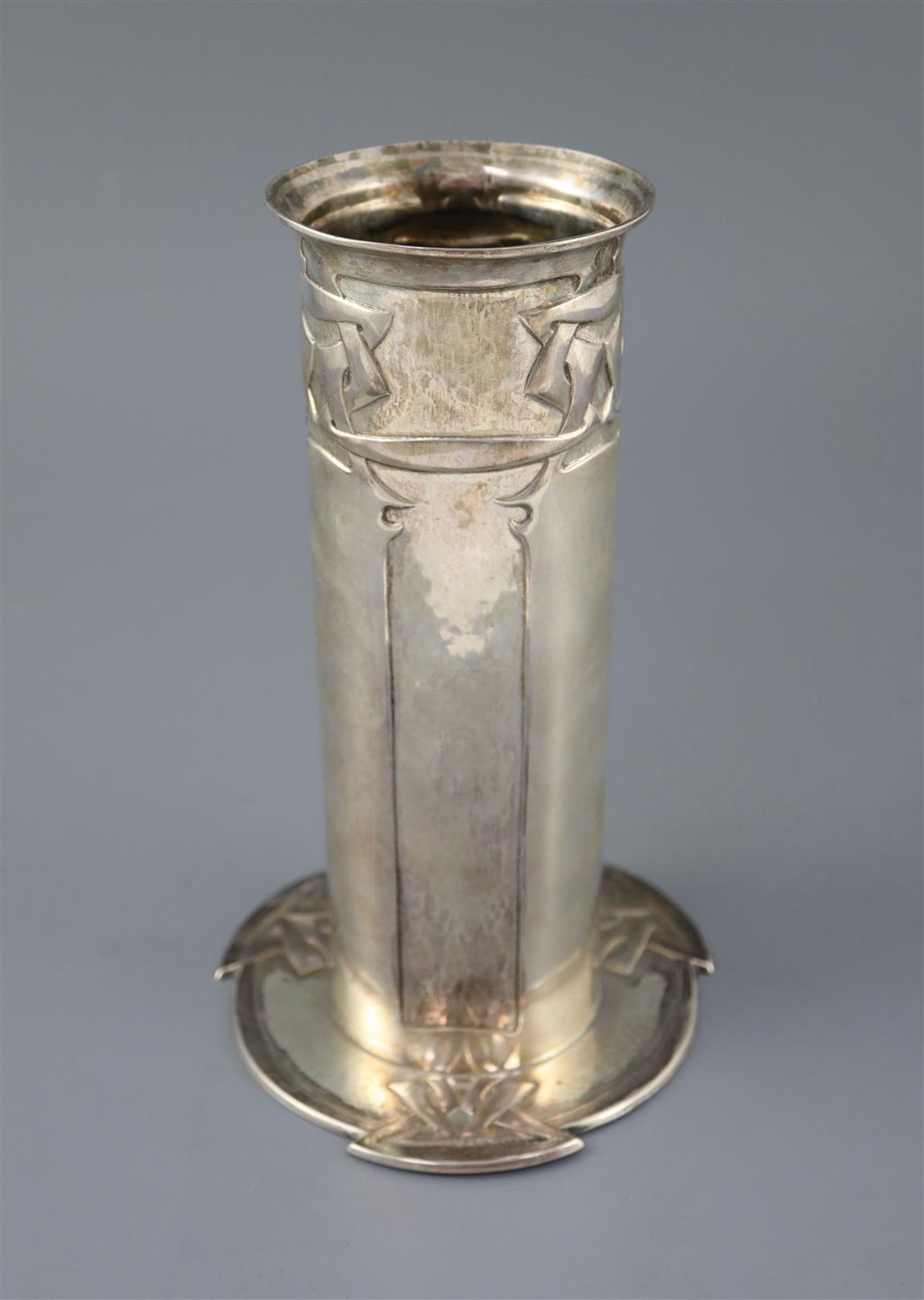 An Edwardian Art Nouveau Liberty Cymric silver cylindrical vase, Birmingham 1904,